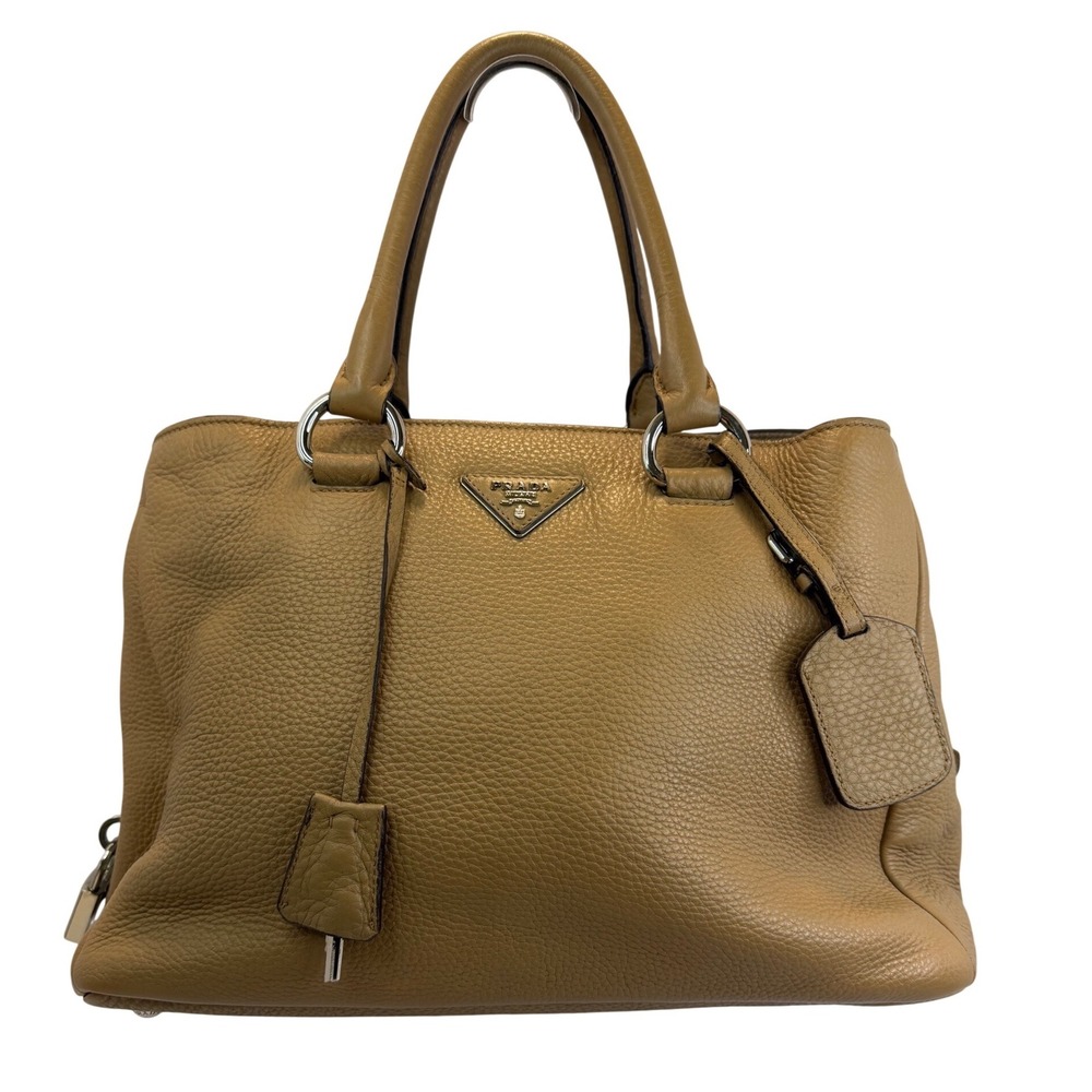Prada Vitello Daino Phenix Leather Satchel Bag Tan Camel Silver Logo Y2K 90s